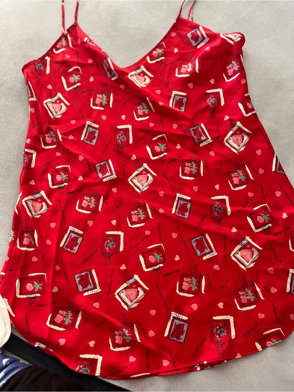 Red Satin Cami Dress with Heart & Floral Print